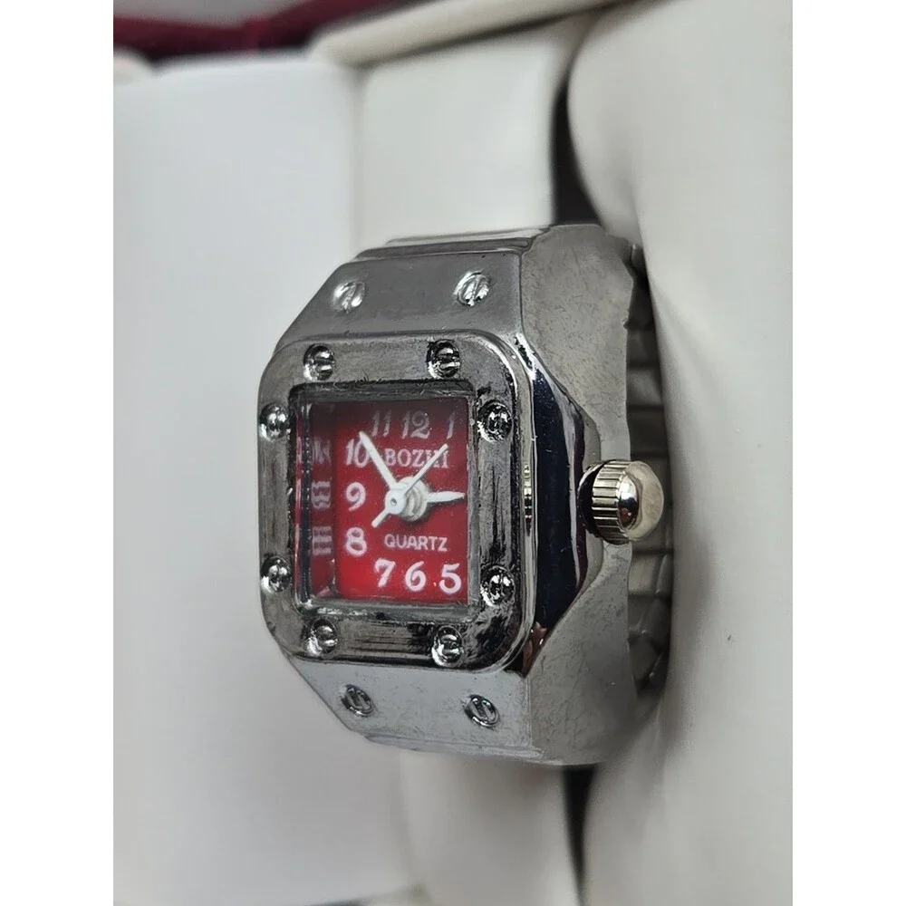 Bozhi Square Ring Watch Red Dial Silver Tone Quartz Fashion Jewelry New Battery